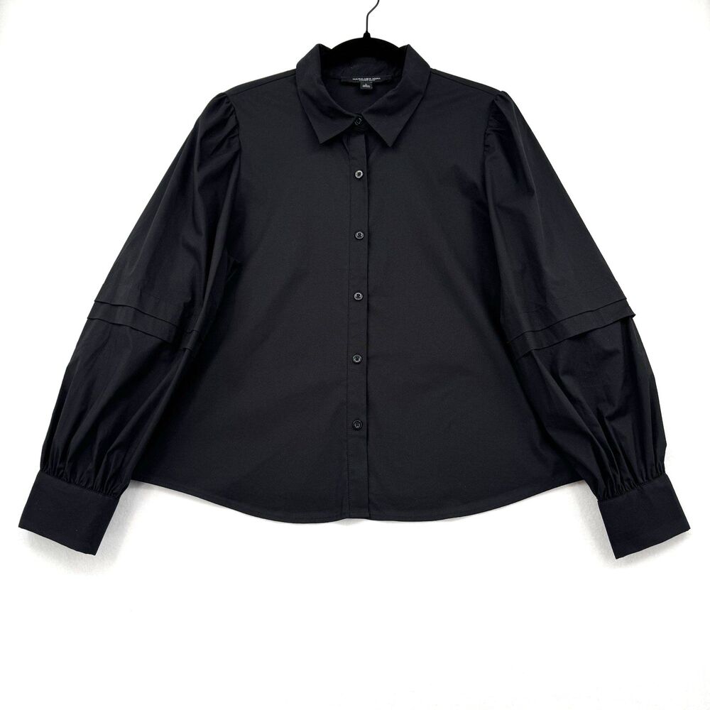 Marc New York Andrew Marc Black Button Front Blouse Puff Pleated Sleeve Top L